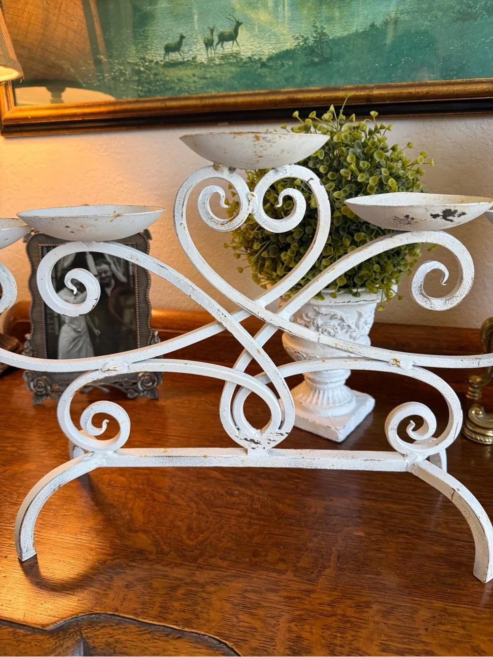 Vintage Cast Iron White Farmhouse 5-Arm Candle Holder with Genuine Patina